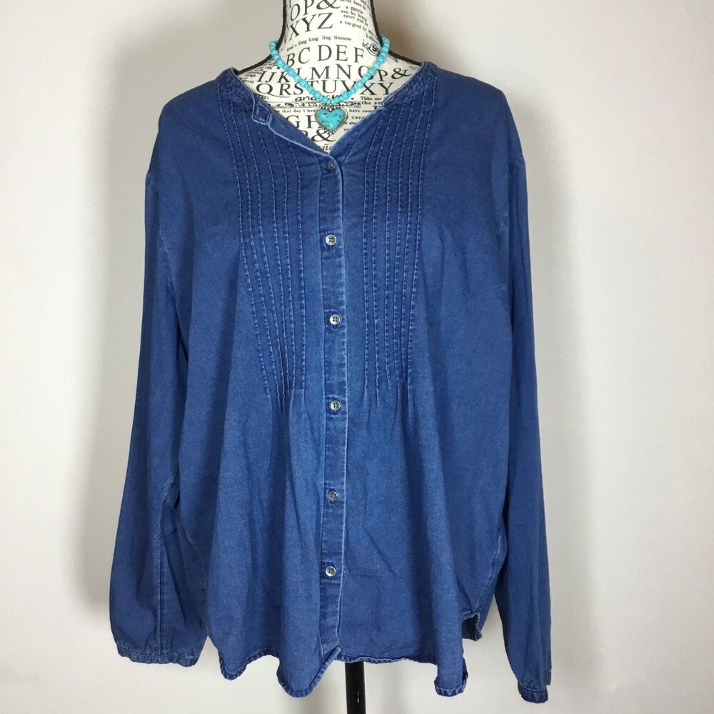 Western denim blue button shirt button down pleat detail long sleeve country L